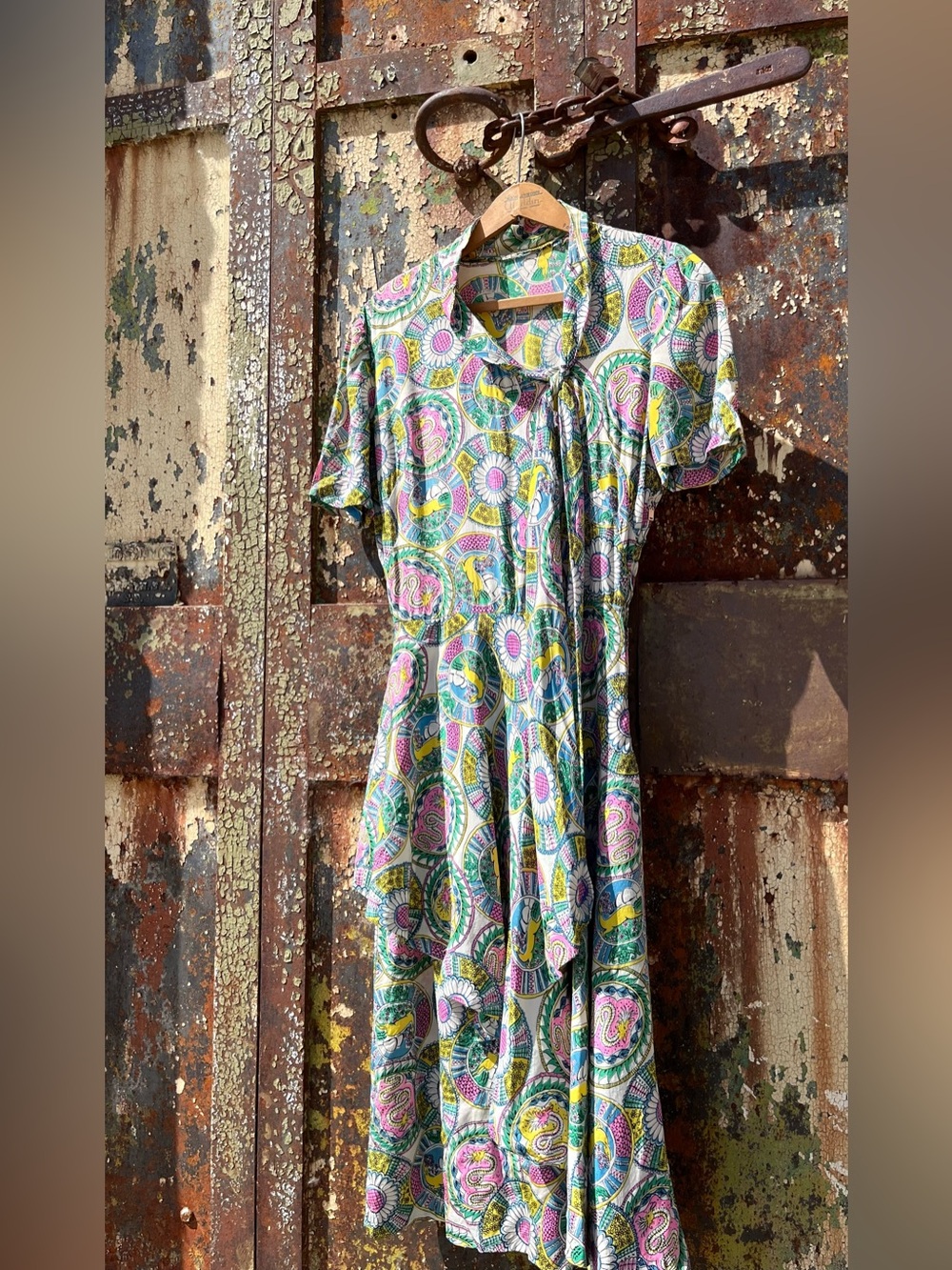Vintage Art Deco 30s 40s Silk Dragon Floral Astrology Ruffle Midi Dress XS